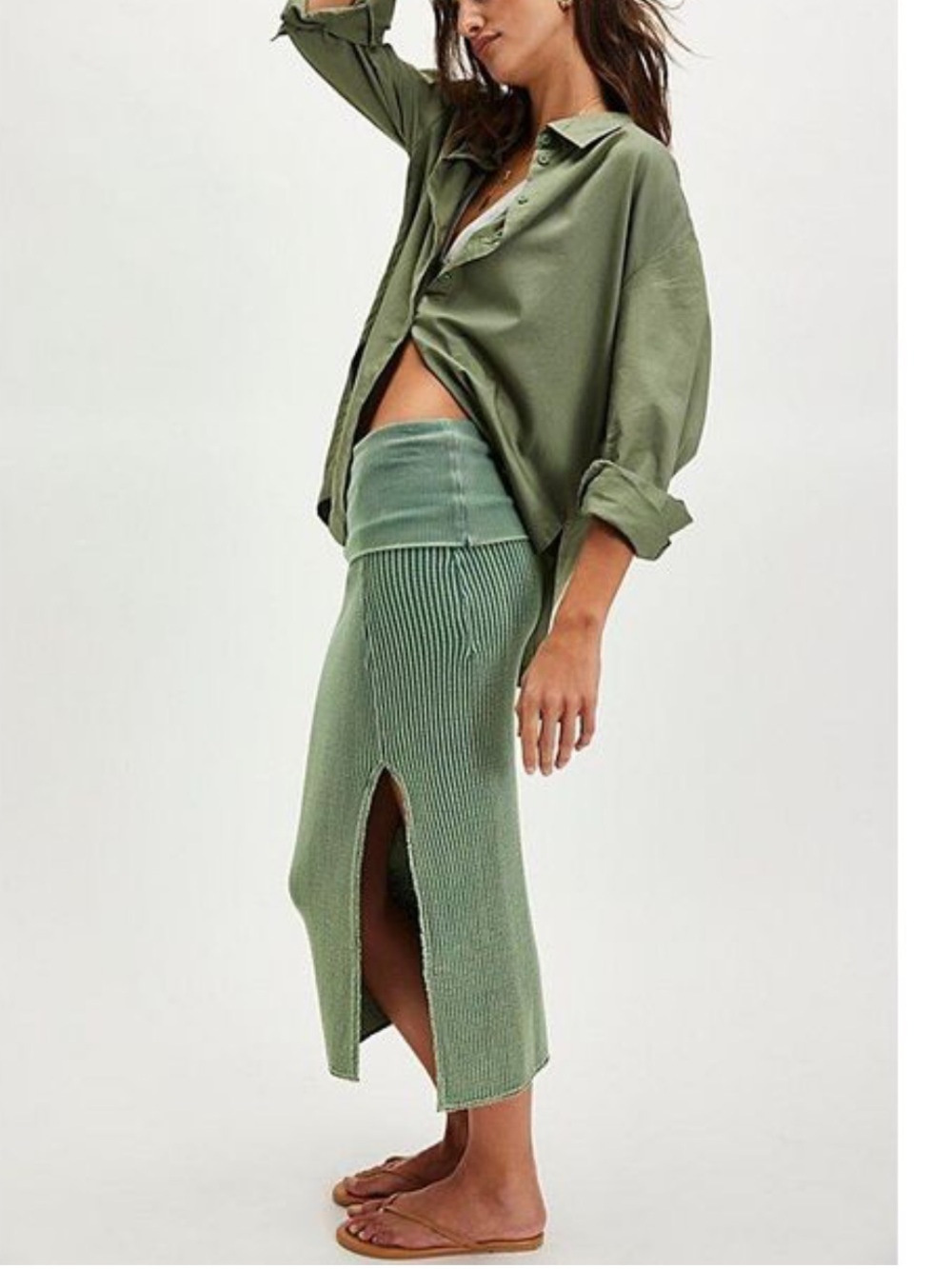 Free People FP One Pari midi skirt washed green teal stretchy skirt NWOT MD - Picture 2 of 7